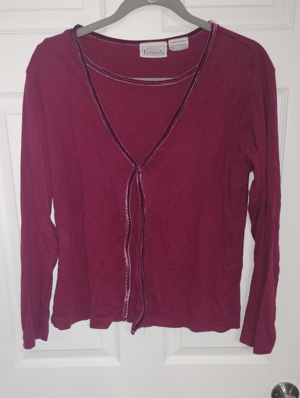 Basic Editions Deep Berry Tie-Front Long Sleeve Top